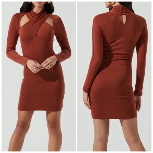 ASTR The Label Rosey Rust Red Wrap Neck Cutout Dress NWT - Picture 1 of 8